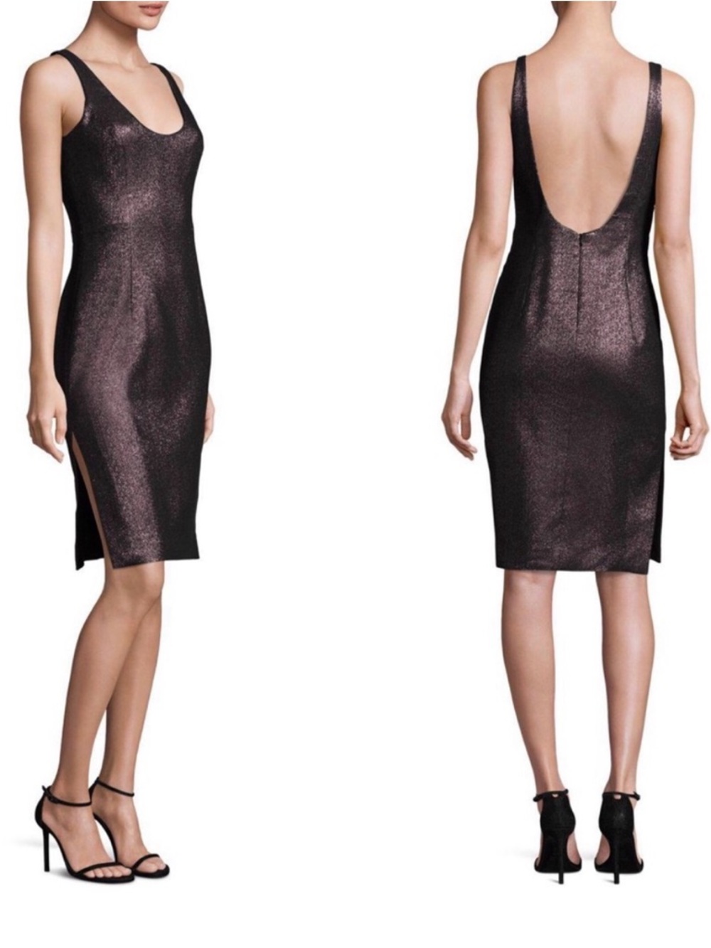 Milly Lurex Metallic Charcoal Scoop-Back Midi Dress